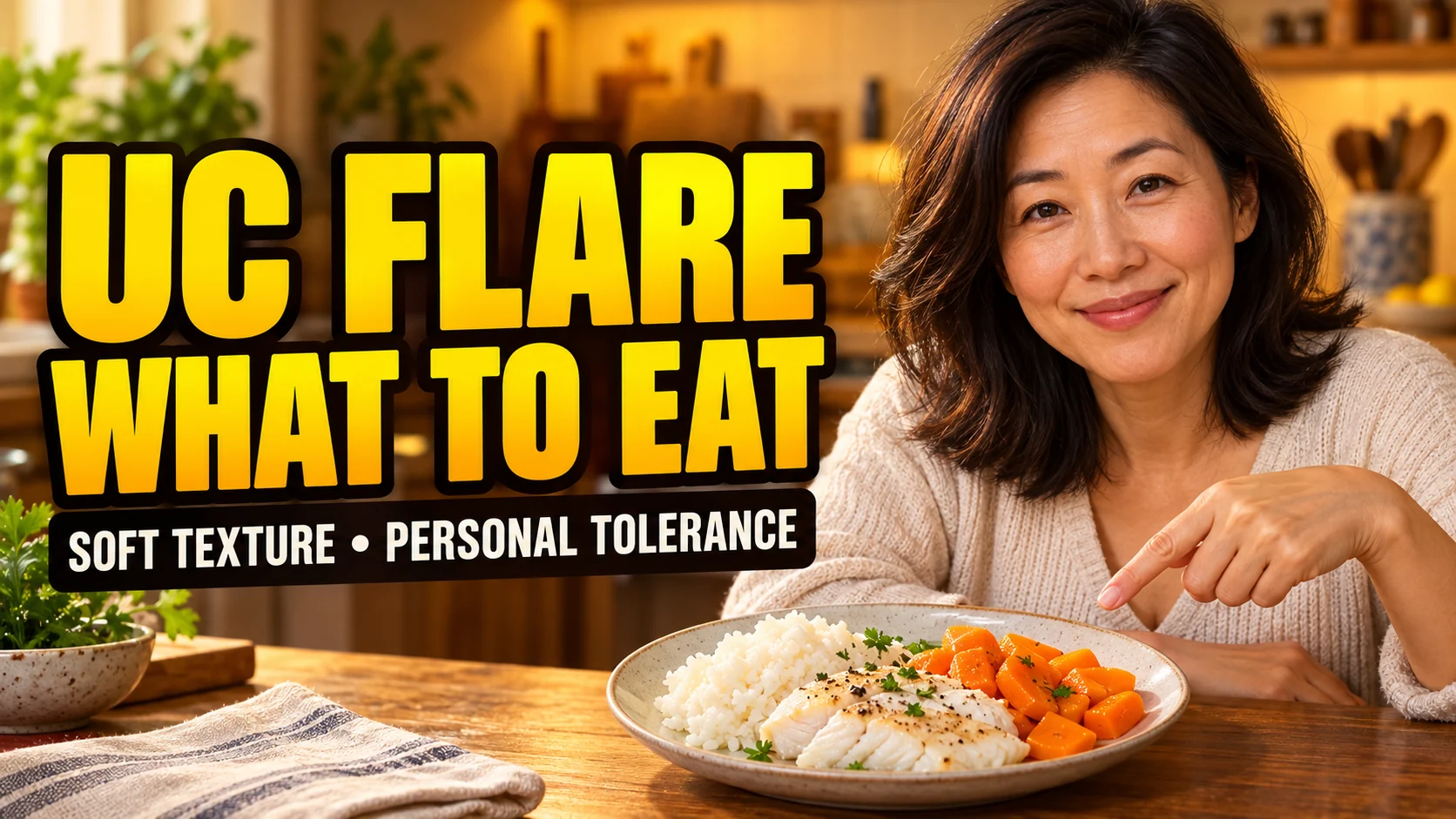 Woman pointing to a plate of white rice, fish and cooked carrots beside a UC flare food headline.