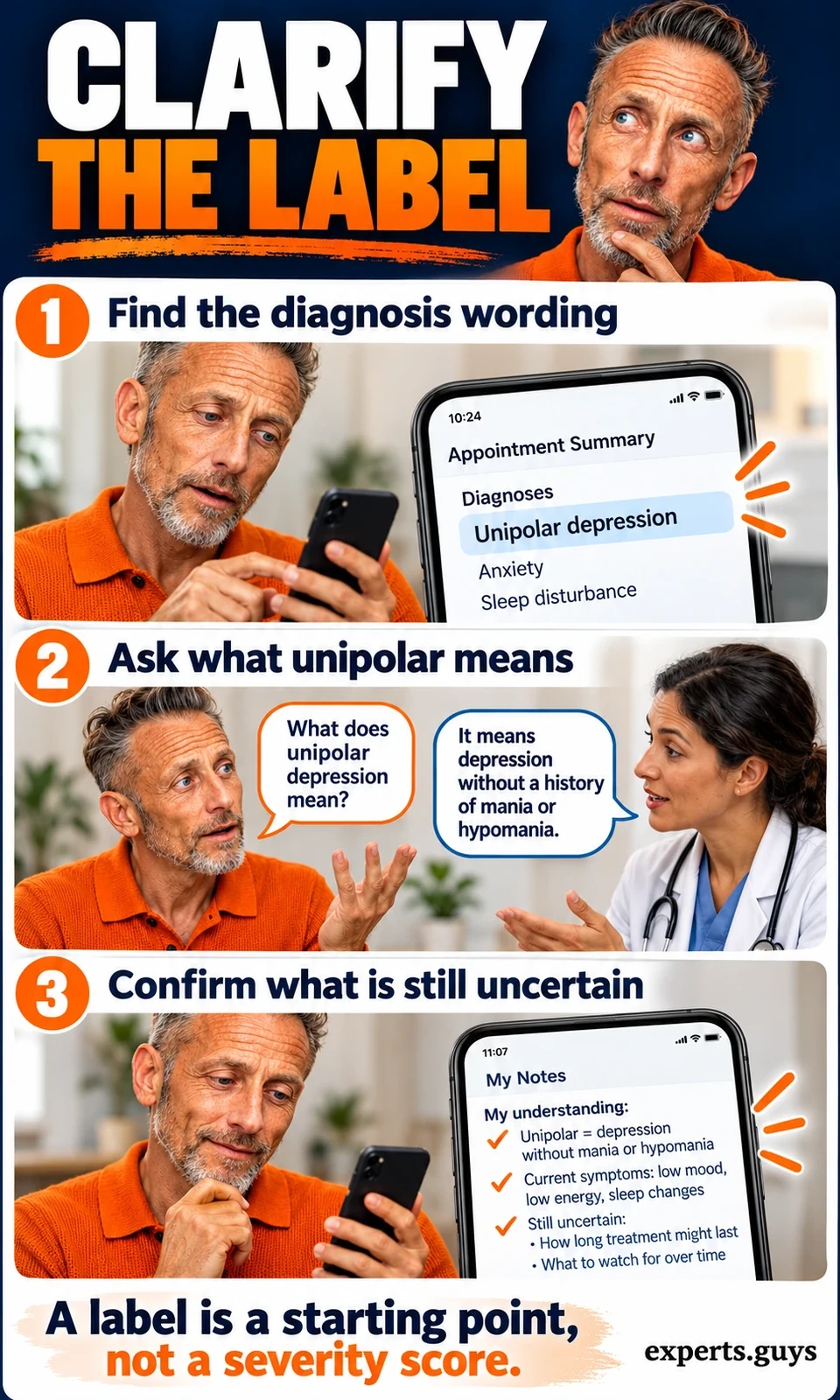 Man checks an appointment summary on his phone, asks what unipolar means and identifies unanswered questions.
