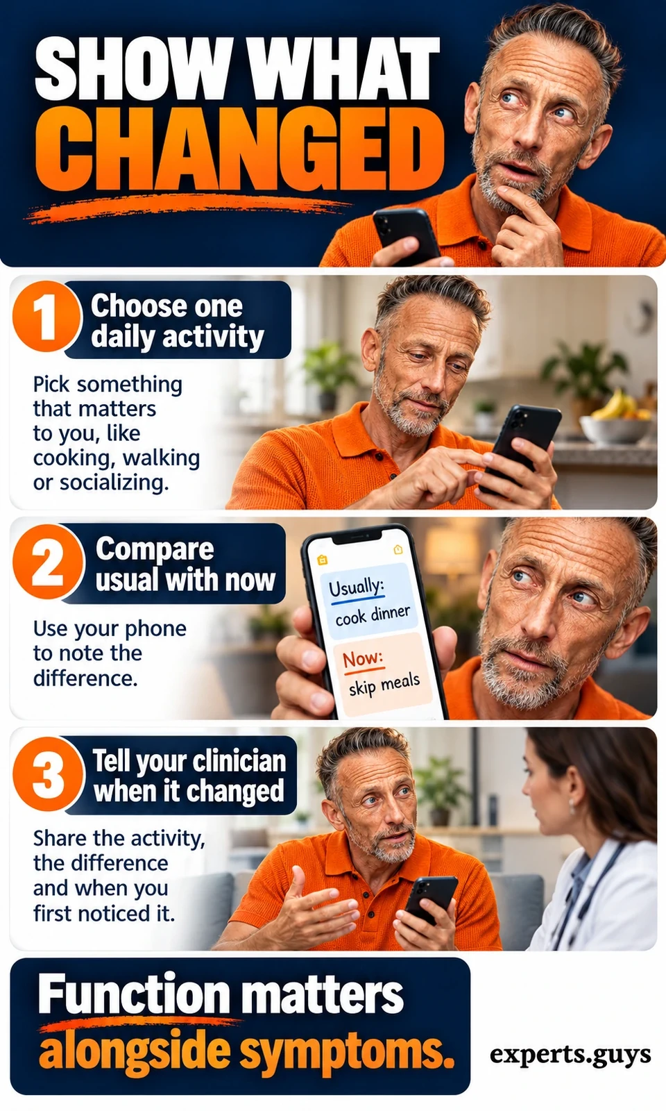 Man uses his phone to compare cooking dinner with skipping meals, then describes the change to a clinician.