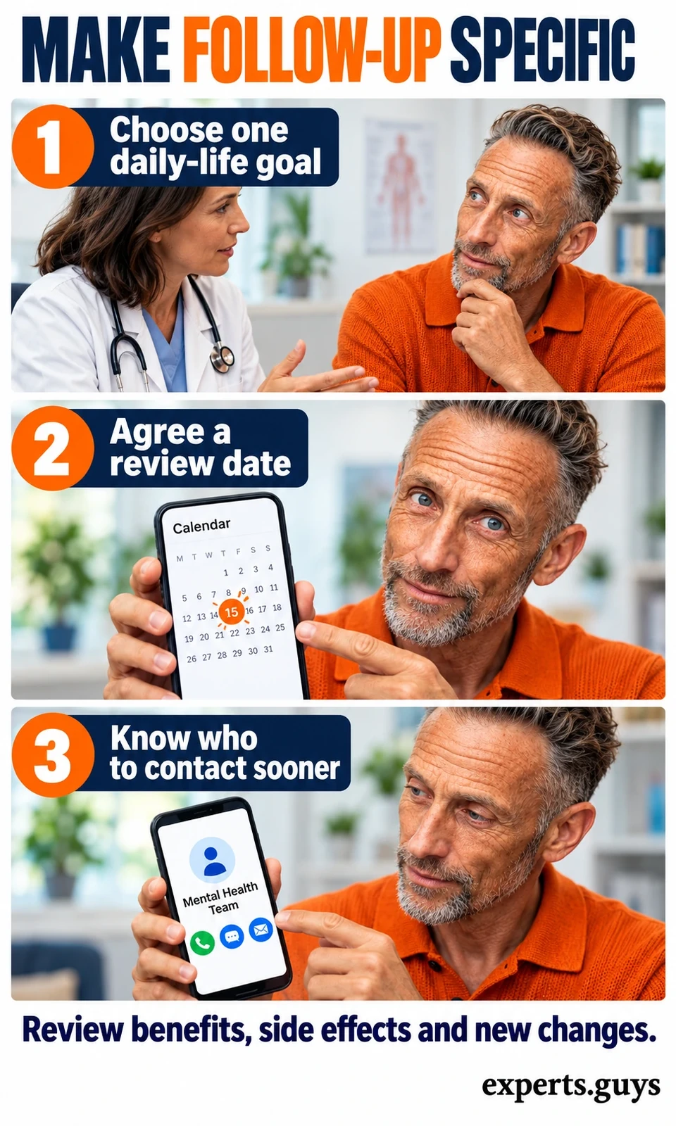 Man discusses a daily-life goal, checks a review date and looks at a contact plan on his phone.