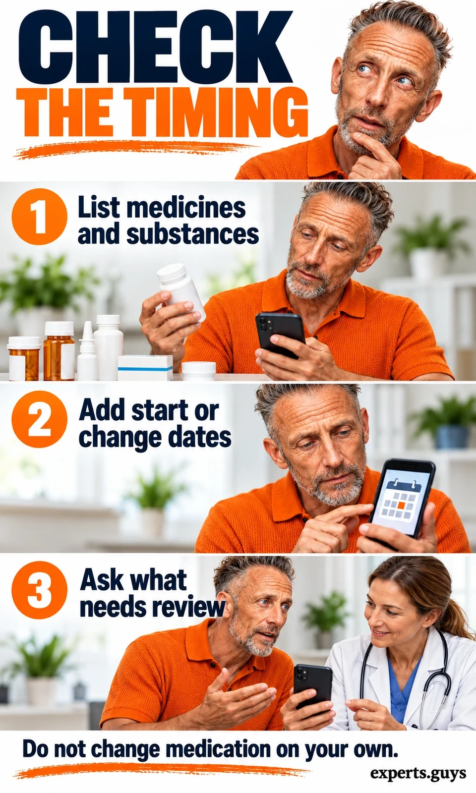 Man checks medicine containers, adds dates on a phone calendar and discusses the timing with a clinician.