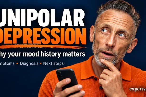 Man in an orange polo holding a smartphone beside the headline Unipolar Depression and a mood-history message.