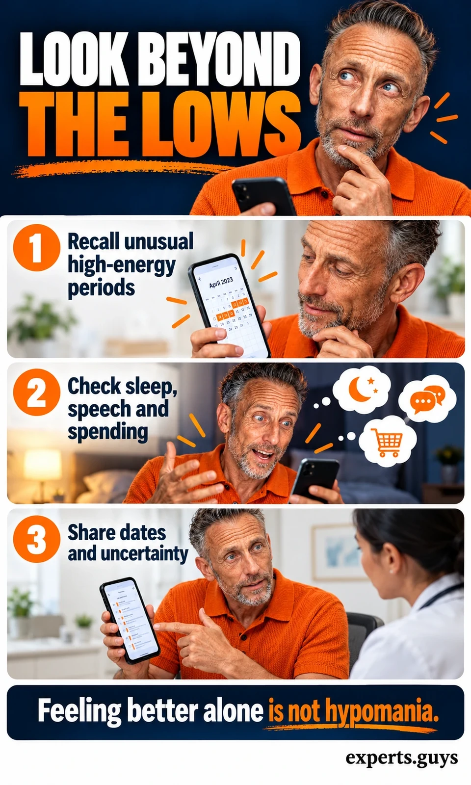 Man checks an older phone calendar, recalls changes in sleep, speech and spending, and shares the uncertain dates.