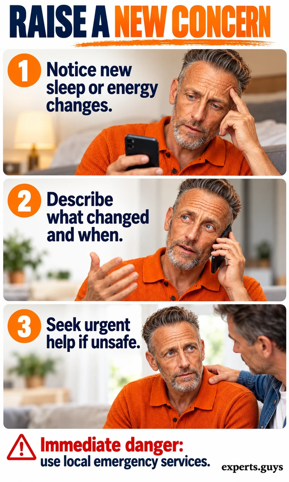 Man notices a change, phones his clinician and stays with a supportive person while seeking urgent help if unsafe.