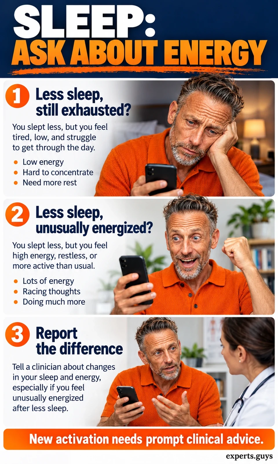 Three panels contrast exhaustion after poor sleep with unusual energy after less sleep, followed by a clinical conversation.