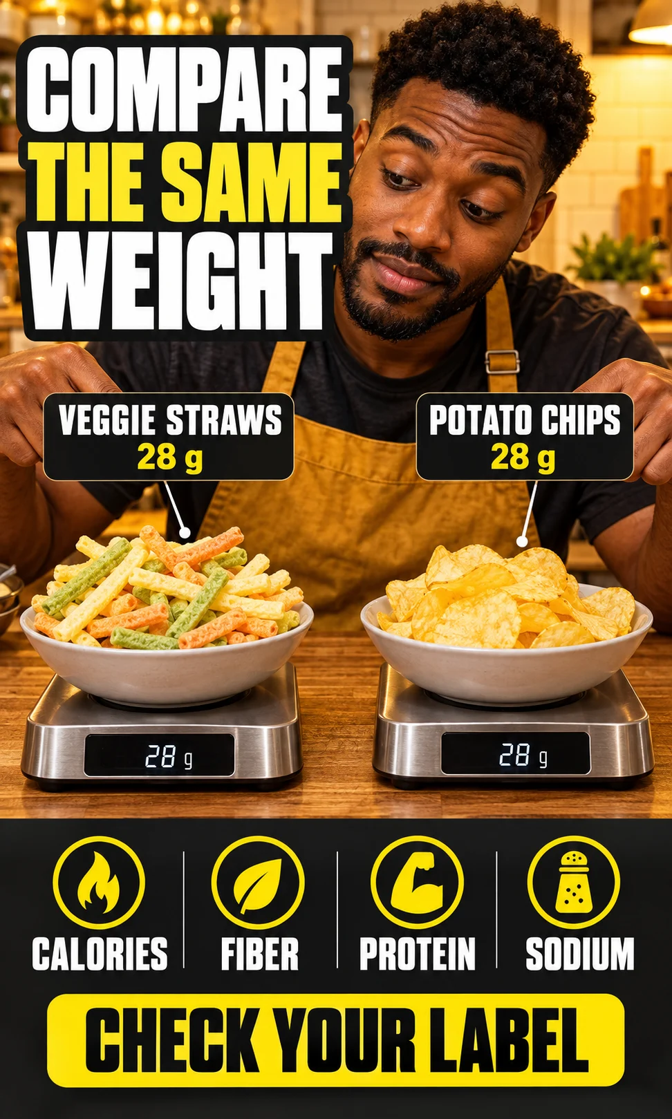 Equal-weight portions of veggie straws and potato chips beside four nutrition comparison questions.