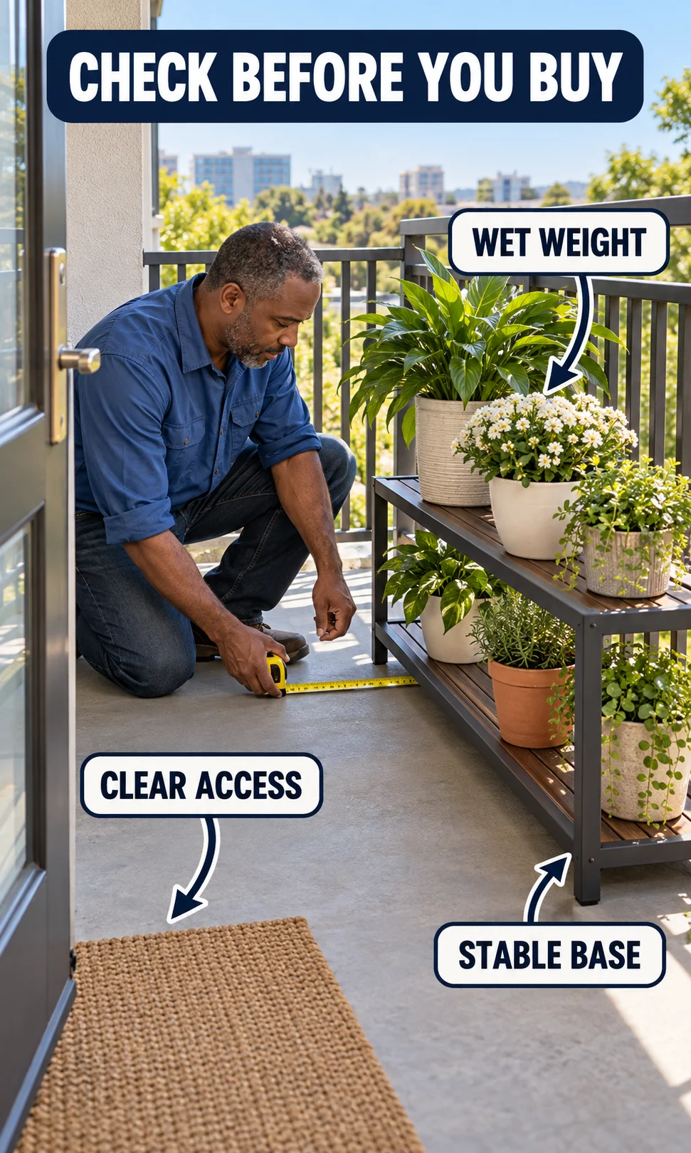 A gardener measures balcony floor space beside a plant rack with labels for access, wet weight and a stable base.