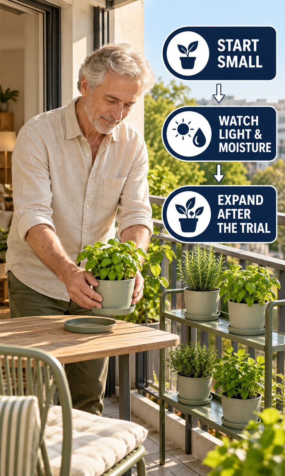 A gardener lifts a removable herb pot beside a low rack and a three-step trial planting guide.