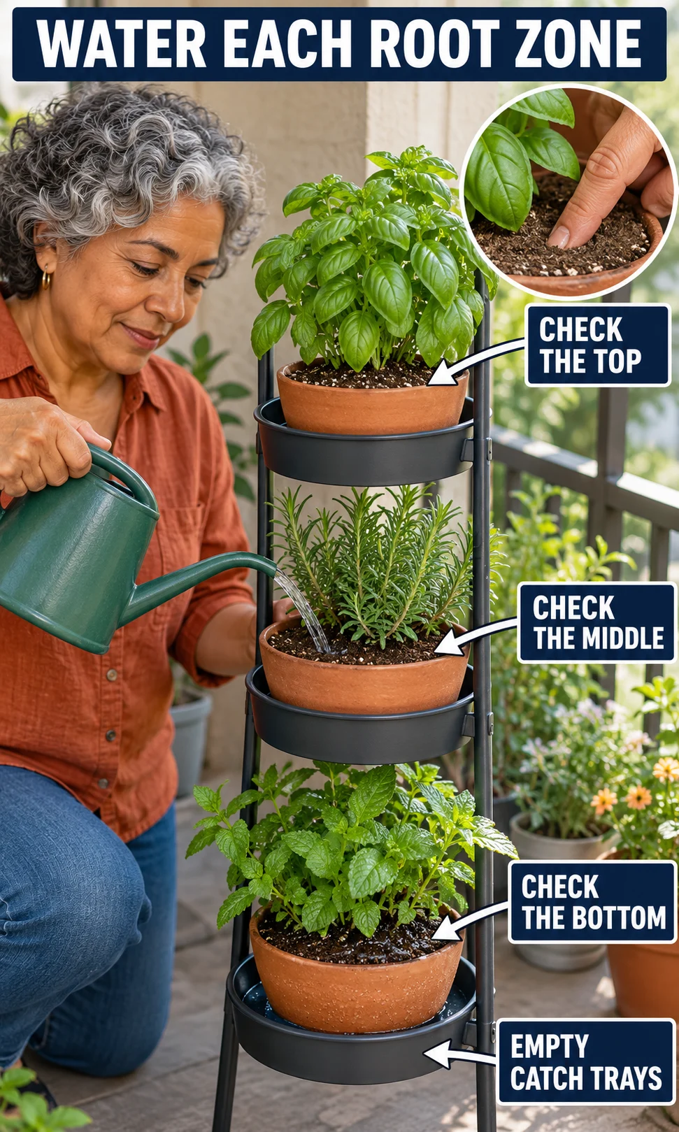 A gardener waters separate herb pots on a three-tier stand with labels to check each level and empty catch trays.