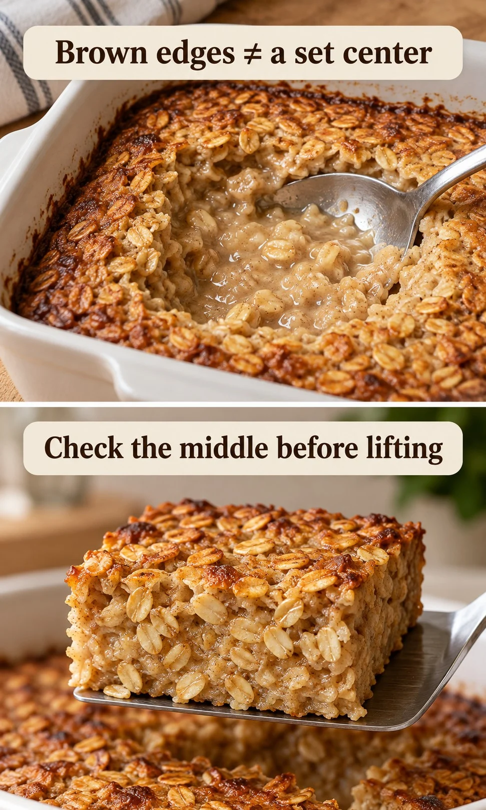 A loose oatmeal center compared with a cohesive serving on a spatula.