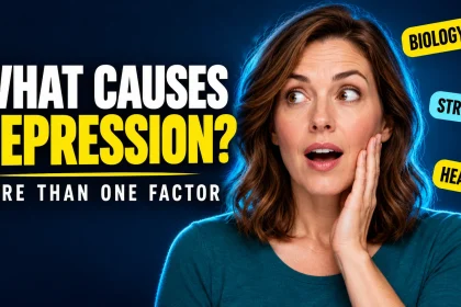 Surprised woman beside the headline What Causes Depression and labels for biology, stress and health.