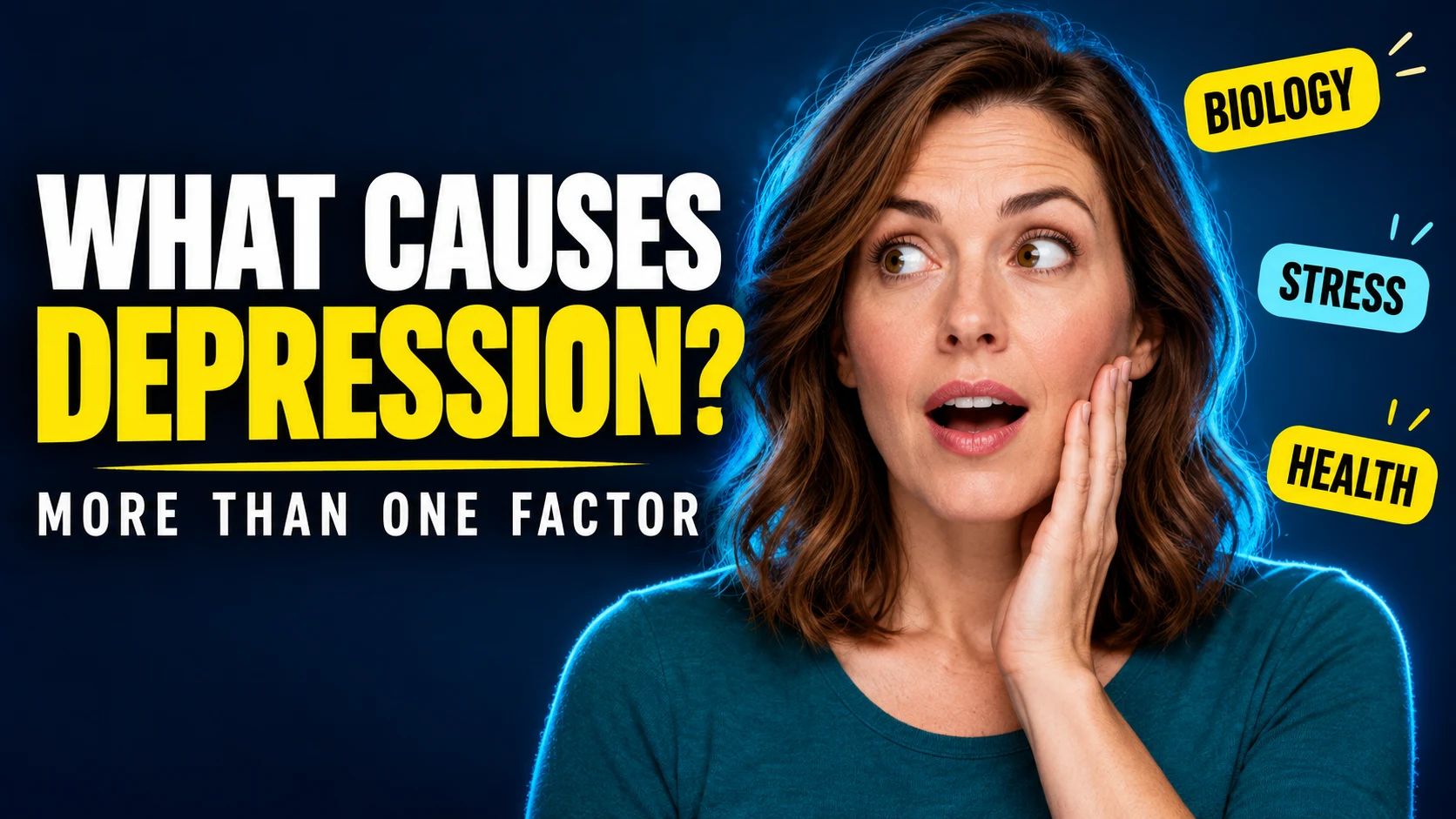 Surprised woman beside the headline What Causes Depression and labels for biology, stress and health.