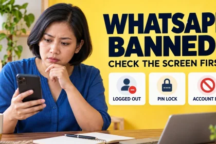 Concerned smartphone user beside logged-out, PIN-lock and account-ban categories.