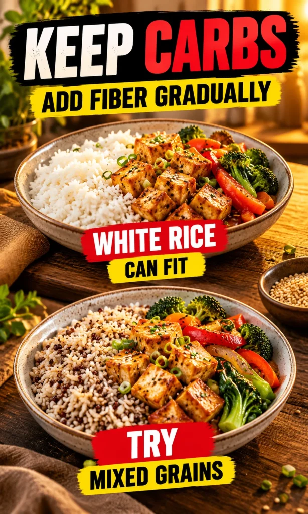 White rice and mixed-grain rice plates each paired with vegetables and tofu.