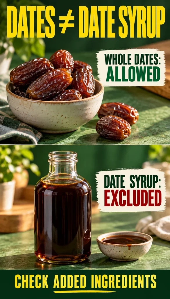 Whole dates compared with a plain bottle of date syrup to distinguish Whole30 ingredient rules