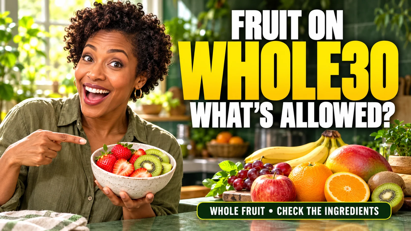 Woman holding strawberries and kiwi beside a selection of fresh fruit