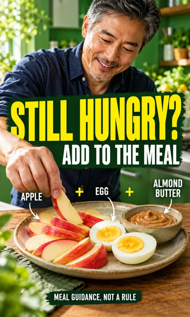 A person assembling apple slices, a hard-boiled egg, and almond butter as a mini-meal