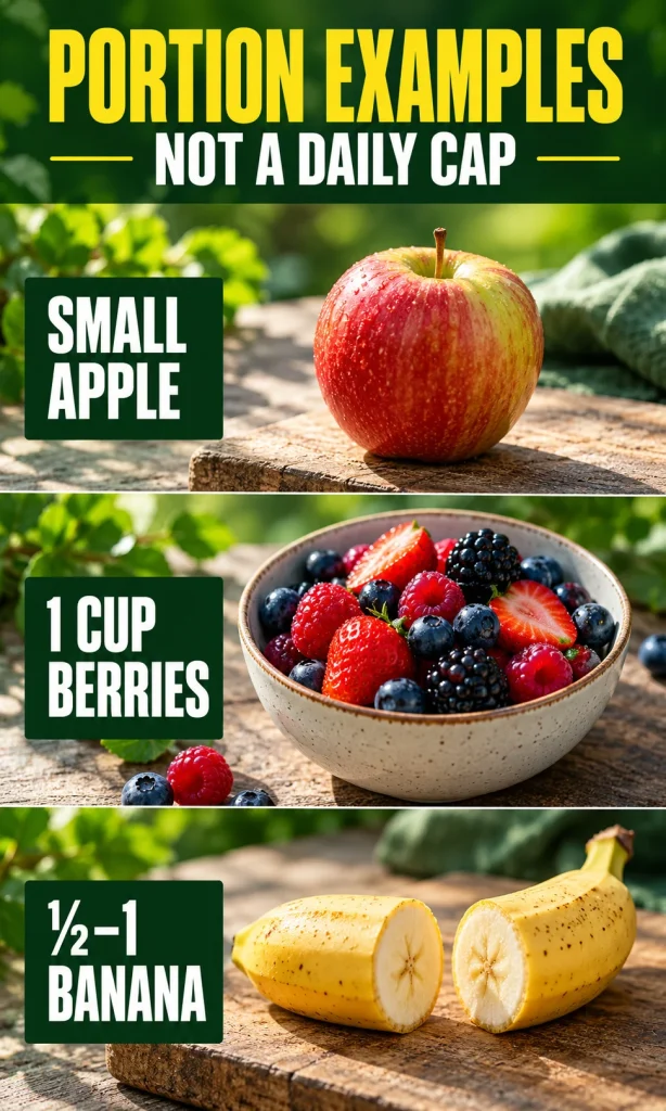 A small apple, a bowl of berries, and banana slices shown as practical portion examples