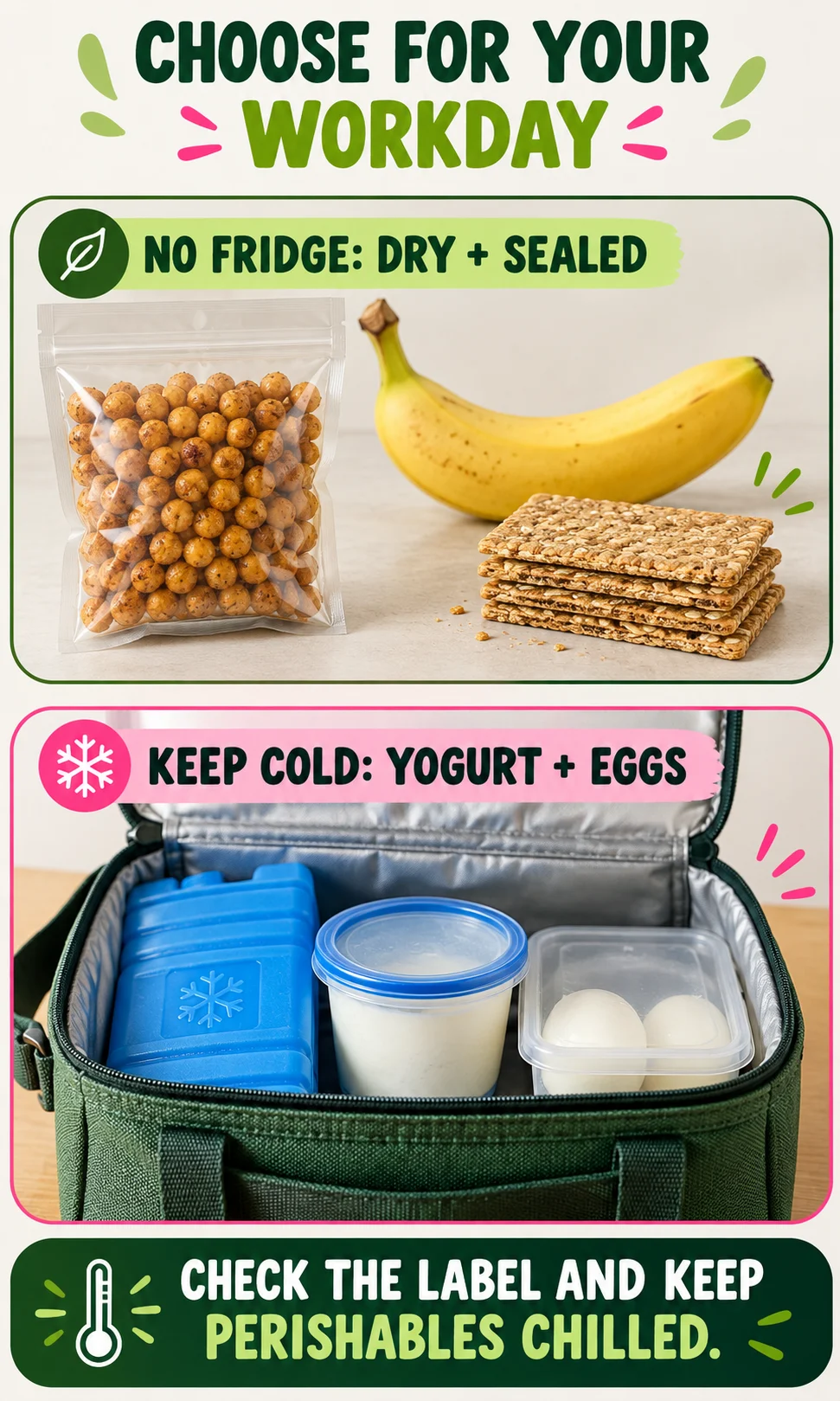 Dry packaged snacks compared with yogurt and eggs stored in a chilled lunch bag