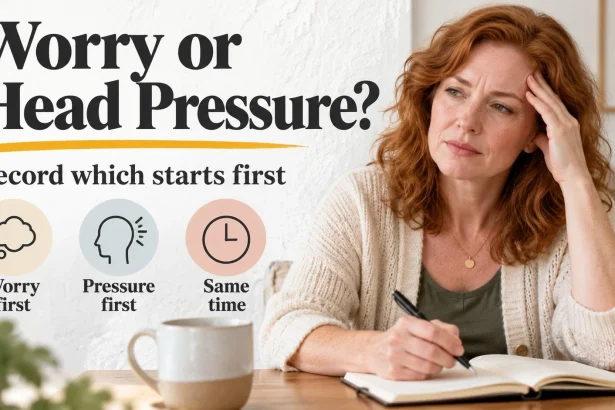 Red-haired adult writing a note beside the question of whether worry or head pressure came first