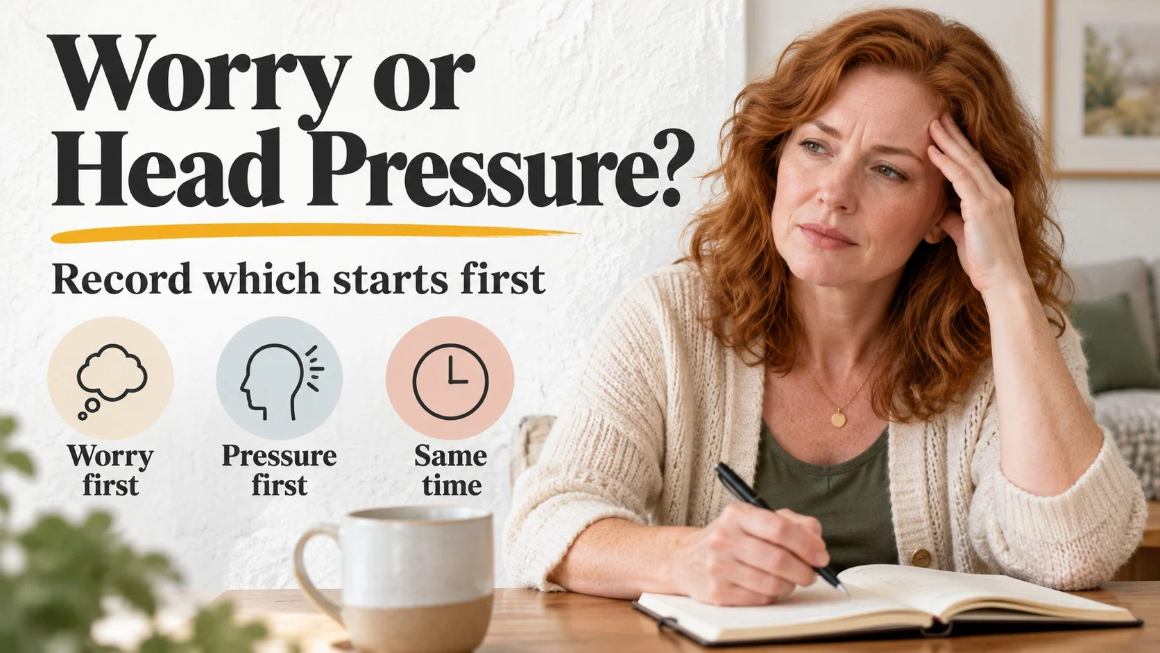 Red-haired adult writing a note beside the question of whether worry or head pressure came first