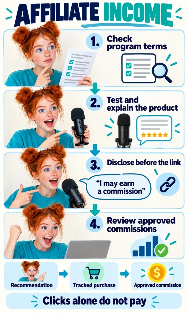 Affiliate income follows an approved action A creator checks affiliate terms, tests a microphone, discloses the relationship and reviews approved commissions.