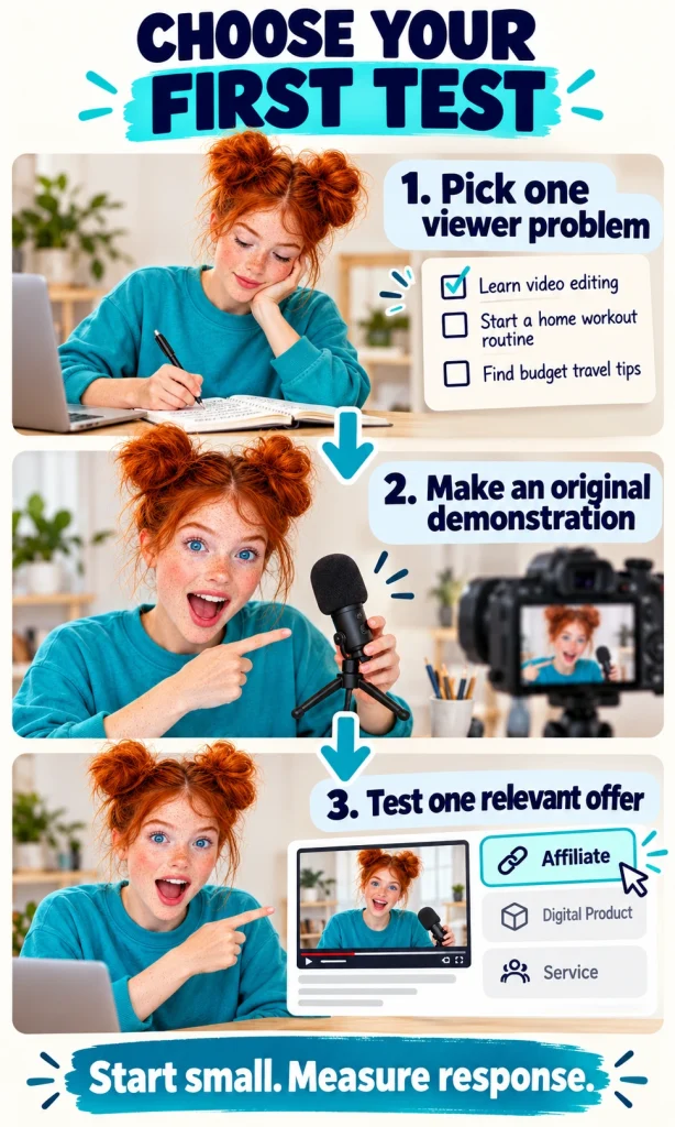 Choose your first revenue test A creator chooses one viewer problem, makes an original demonstration and tests one relevant offer.