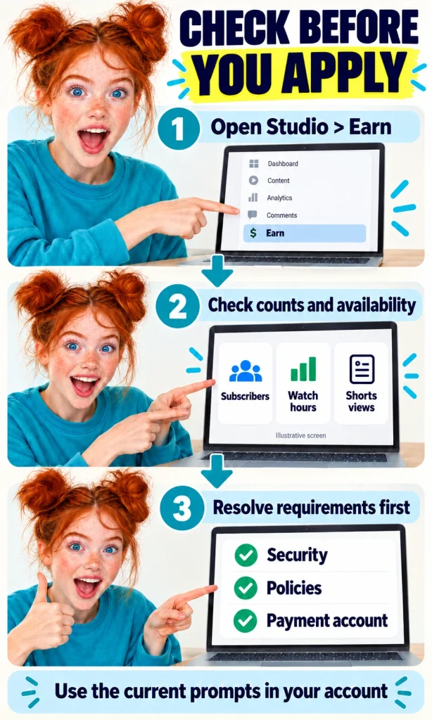 Check your status before applying A creator opens Studio Earn, checks counts and availability, and resolves security, policy and payment requirements.