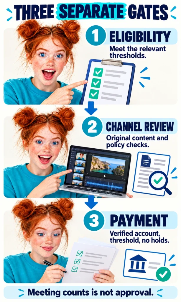 Eligibility, review and payment are different A creator passes separate eligibility, channel review and account payment checks.
