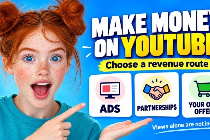 A red-haired creator introduces ads, partnerships and an owned offer as three income routes.