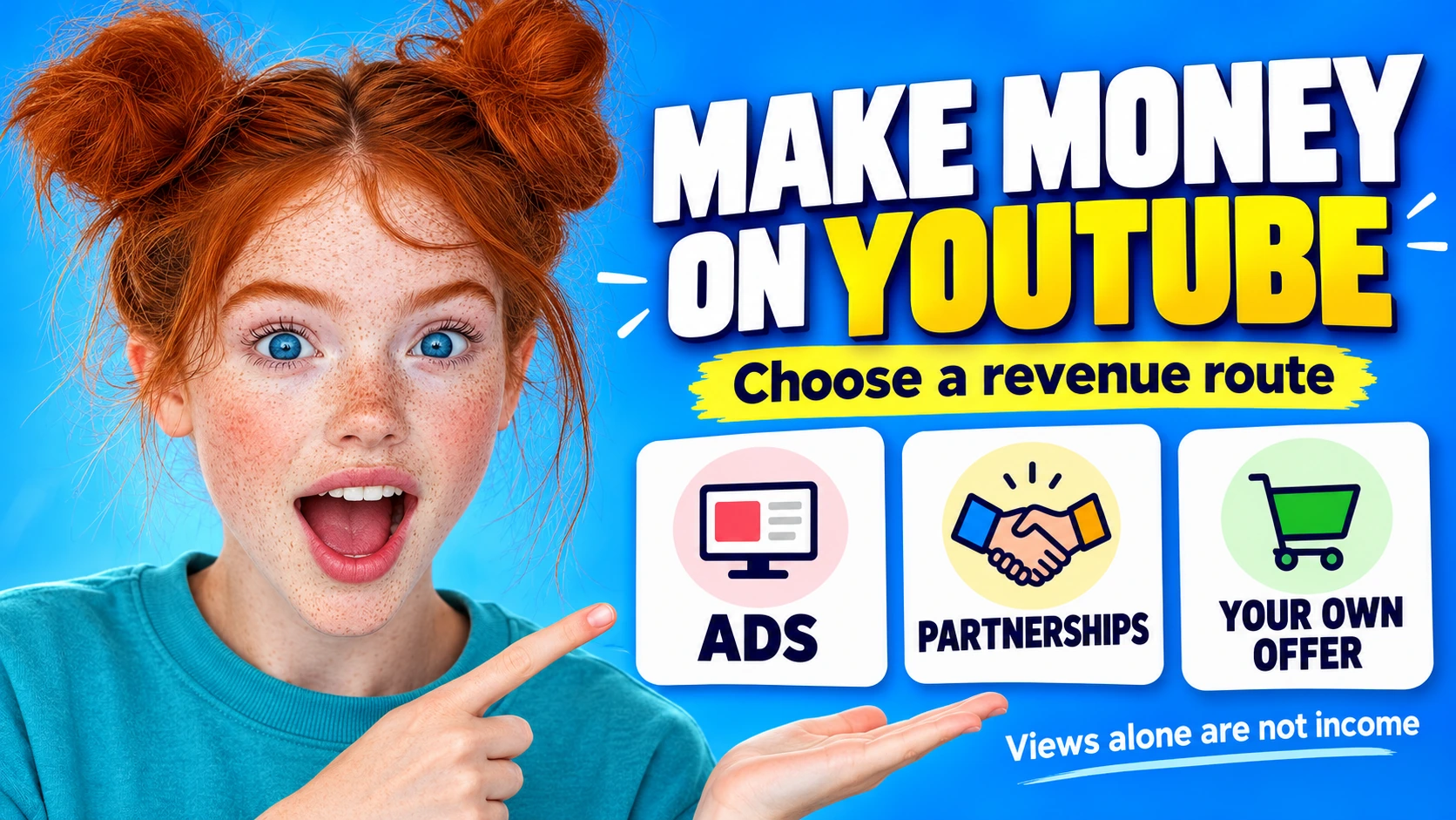 A red-haired creator introduces ads, partnerships and an owned offer as three income routes.