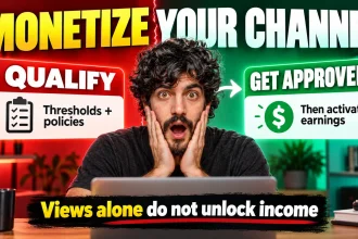 Creator reacting between qualification and approval panels, with a reminder that views alone do not unlock income.