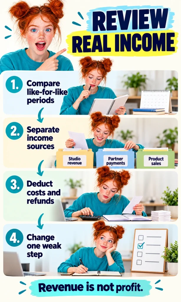 Review revenue and profit separately A creator compares periods, separates Studio, partner and product income, deducts costs, and changes one weak step.
