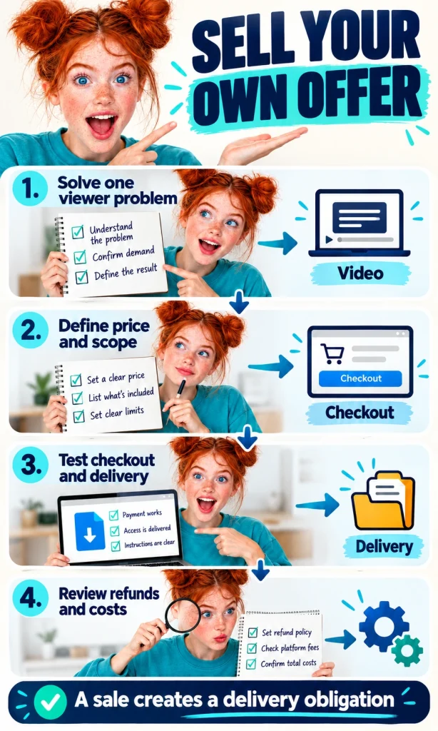 An owned offer needs fulfilment A creator defines a useful checklist, states price and scope, tests delivery, and reviews refunds and costs.