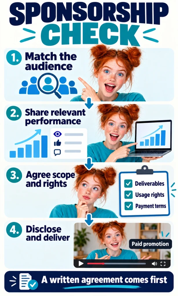 Check a sponsor agreement before production A creator matches a brand to viewers, shares performance, agrees scope and rights, and discloses the promotion.